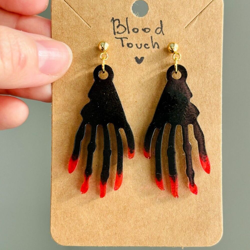 Bloody Hand Earrings, Black Blood Red Jewelry, Dark Romantic Gothic Halloween